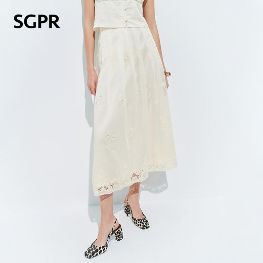 【SGPR】奶油白色半身裙2026年夏季新款高腰压褶半裙镂空蕾丝长裙(货号:MU80SK016) 商品图2