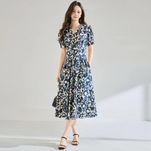 「高货sh」全新升级【铂金会员293/天猫399/差价106】(15808)洛诗琳气质印花短袖连衣裙2026新款系带收腰显瘦茶歇裙 商品图0