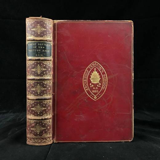 工坊特装本！约1890年代 英国海军重大战役史 配多幅彩色版画插图 全真皮精装32开 商品图0