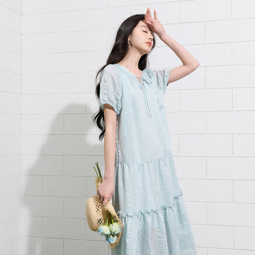 三彩2026夏季新款莫代尔连衣裙系带圆领短袖宽松A字裙中长裙S 商品图2