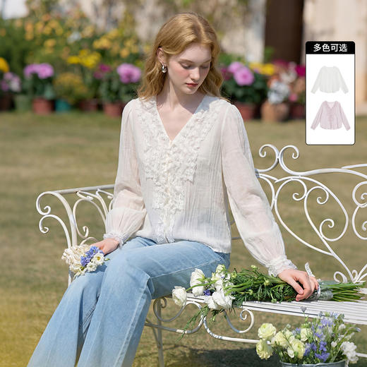 西遇法式木耳边蕾丝V领2026春装新款衬衫女长袖宽松设计感上衣H0060258 商品图0