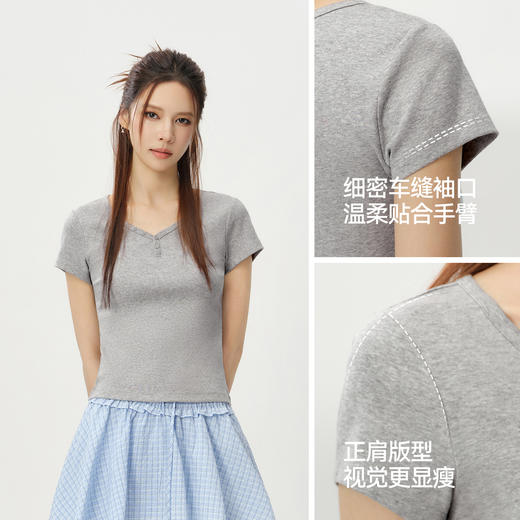 森马短袖T恤女夏季短款V领半开襟套头衫紧身纯色正肩2026新款上衣 商品图2