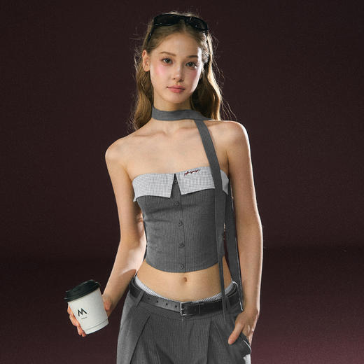 Ariseism 美式复古灰色抹胸长裤套装女夏季新款两件套 商品图0