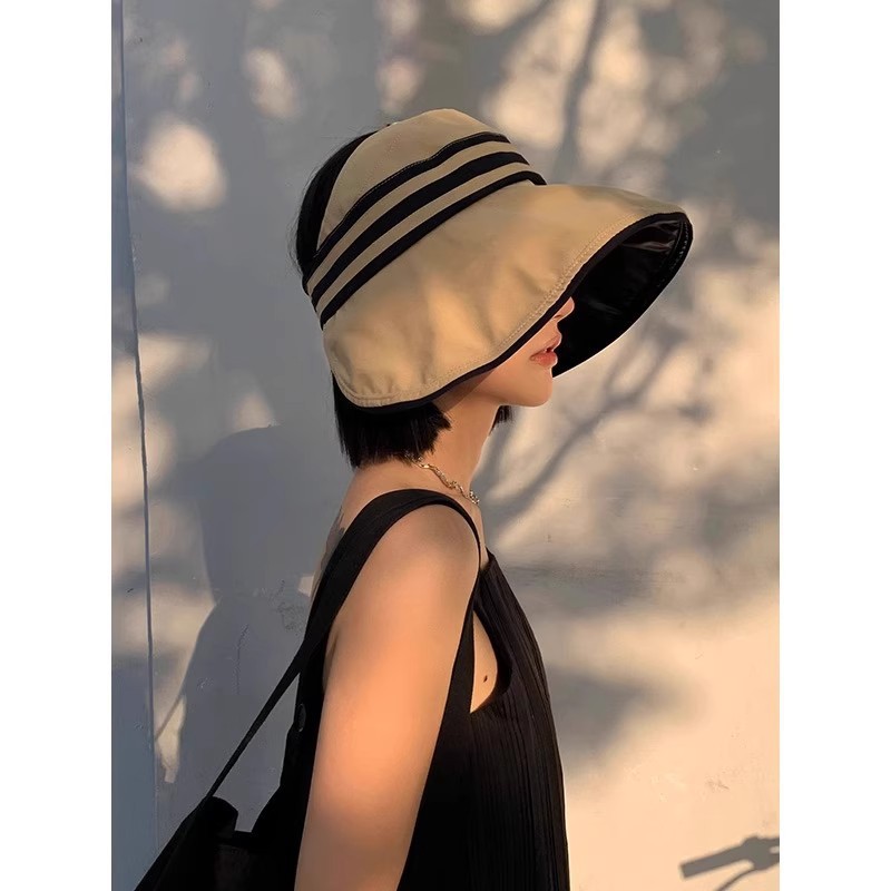 UPF50+高倍防晒黑胶防晒帽 大沿条纹空顶帽子 女户外防紫外线可折叠太阳帽 