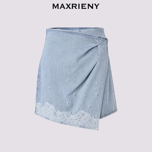 【商场同款】MAXRIENY精致复古浅蓝牛仔裤裙25夏蕾丝拼接叠褶裙裤(货号:MC86PA022) 商品图4