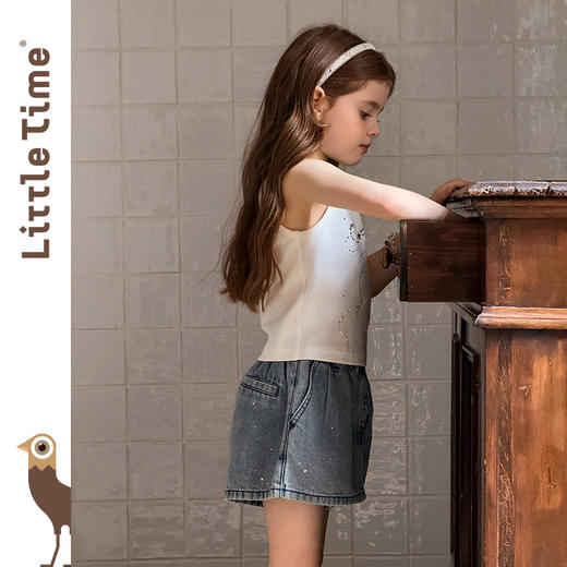 littletime韩国风牛仔半身裙女春夏时尚烫钻百搭显瘦短裤裙两件套 商品图2