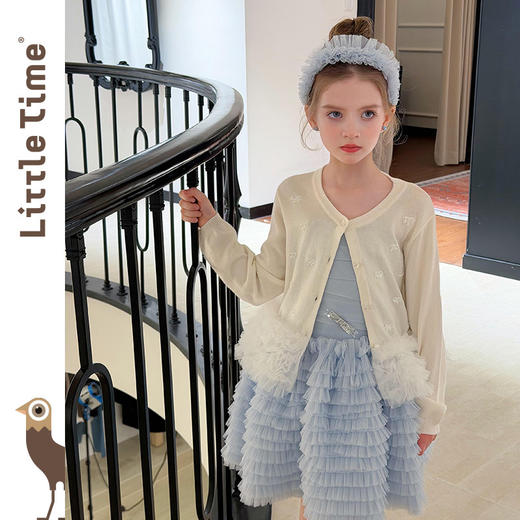 littletime甜美女童粉色珍珠蝴蝶结针织空调衫拼接网纱蛋糕摆开衫 商品图2