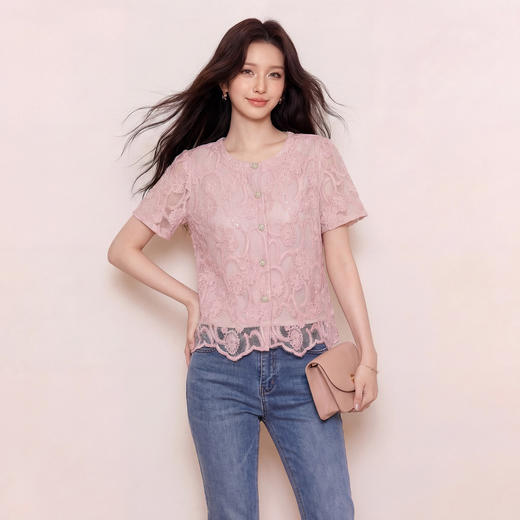 奢姿大码女装2026夏季优雅波浪摆上衣胖妹妹小香风蕾丝刺绣衬衫9962294610 商品图0