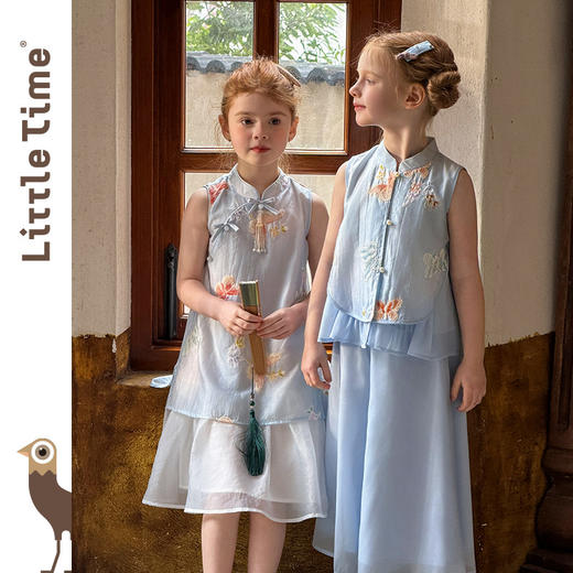littletime新中式风女童连衣裙夏季无袖刺绣蓝色长裙洋气复古 商品图0