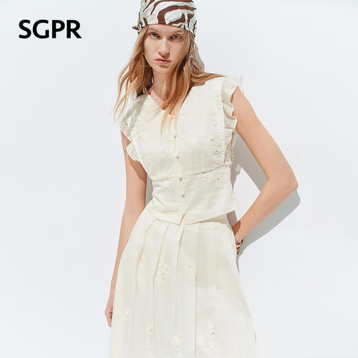 【SGPR】奶油白色V领衬衫2026年夏季飞飞袖收腰上衣镂空绣花衬衣(货号:MU80TP010) 商品图0