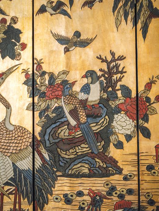 独角鹿西洋古董20世纪初期中国出品花鸟山水主题六曲款彩屏风 商品图5