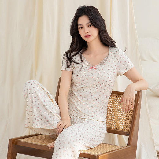 【超柔软莫代尔】夏季莫代尔女士短袖长裤薄款睡衣带胸垫家居服   JL-2588 商品图3