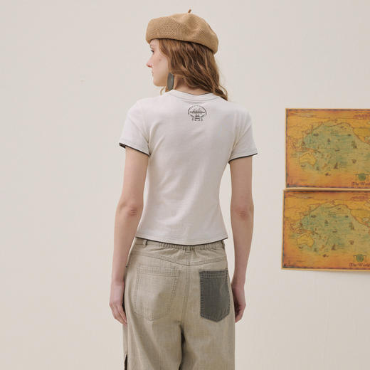 谜底撞色T恤短袖2026年夏季新品简约修身百搭舒适棉麻女262MT0625 商品图2