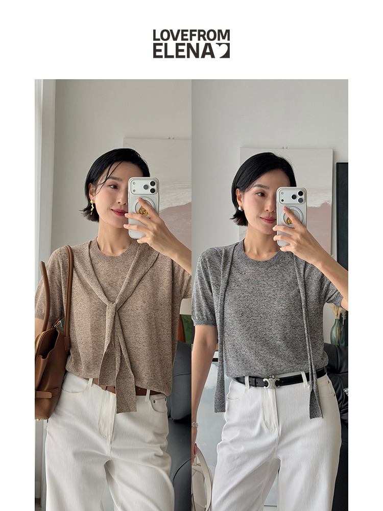 「工厂团购上新」 亚麻假两件披肩款圆领针织T恤上衣60605