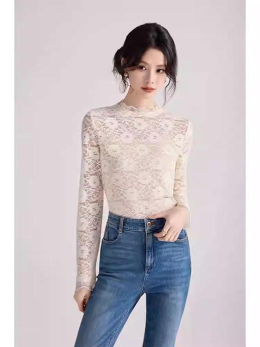 轻奢简约~亲肤蕾丝立领长袖打底衫女2026春季新款设计感百搭上衣 商品图1