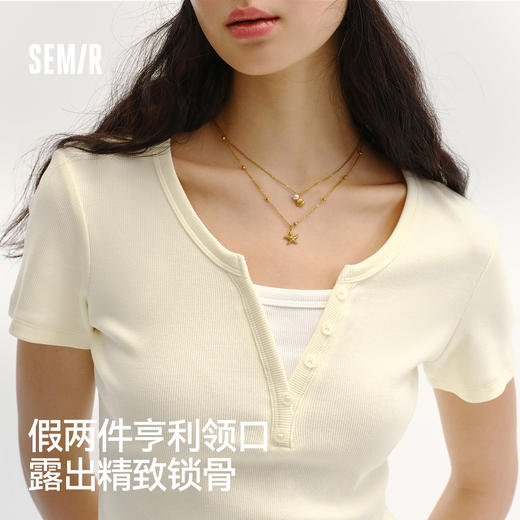 商场同款|森马短袖T恤女夏季短款撞色假两件正肩紧身2026新款上衣 商品图1