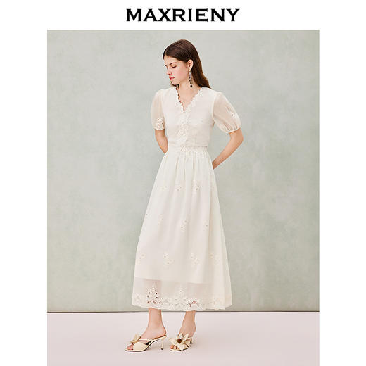 MAXRIENY法式感绣花连衣裙收腰裙26春款天丝灯笼袖领证订婚小白裙(货号:MS80DR031) 商品图2