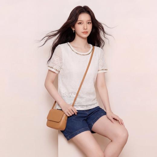 奢姿大码女装2026夏季镂空蕾丝气质上衣胖妹妹串珠圆领时尚T恤9962254600 商品图1