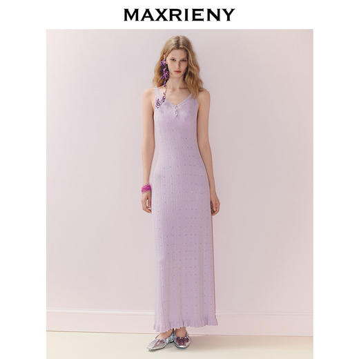 MAXRIENY南法度假风背心吊带v领连衣裙25秋肌理感x型修身收腰长裙(货号:MS86DR278) 商品图1