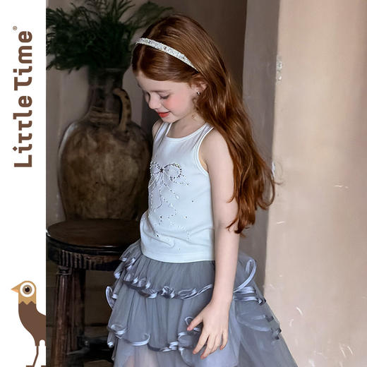 littletime甜美公主风白色星星背心网纱女童荷叶边拖尾半身裙套装 商品图2