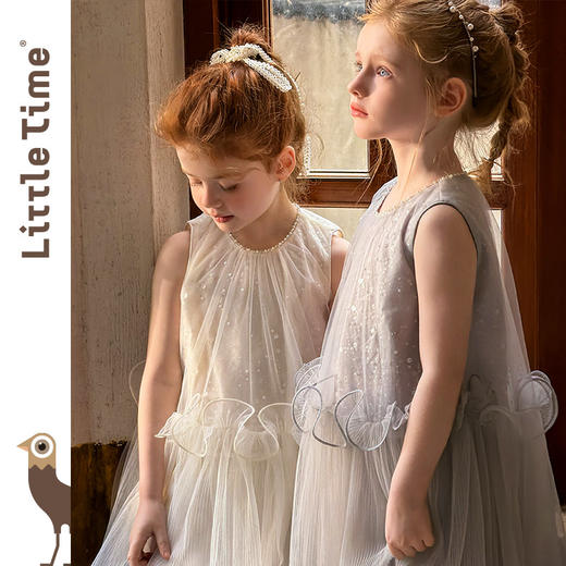 littletime梦幻无袖纱质连衣裙女童水母钉珠蓬蓬裙白色灰色礼服 商品图1