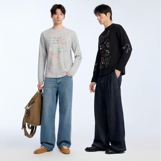 NPC潮牌仿手绘涂鸦竹节棉长袖T恤亲肤毛巾布百搭情侣款NP61TL25 商品图1