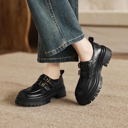 阿么手工女鞋厚底乐福鞋女2025新款学院风jk小金扣真皮小皮鞋5CM 商品图1