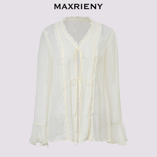 【商场同款】MAXRIENY仙美浪漫感直身荷叶系带开衫桑蚕丝上衣25夏(货号:MC86TP315) 商品图4