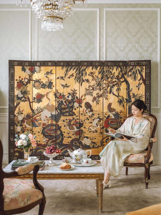 独角鹿西洋古董20世纪初期中国出品花鸟山水主题六曲款彩屏风 商品图1