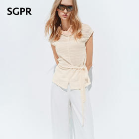 【SGPR】米白色绑带针织休闲上衣2026年夏季新款短袖宽松针织衫(货号:MU80TP012)