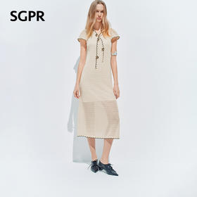 【SGPR】米白色手钩花连衣裙2026夏季新款中长款短袖V领撞色裙子(货号:MU80DR027)