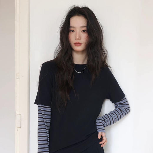 【假两件撞色条纹打底衫】蓝灰复古配色 撞色拼接条纹长袖 经典圆领 商品图1