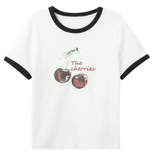 三彩2026夏季新款撞色圆领短袖T恤小樱桃字母上衣套头休闲S 商品图4