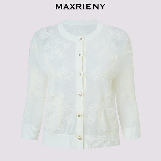 MAXRIENY白色半透轻薄针织开衫2026春季新款贴布绣针织衫毛衣上衣(货号:MF80JA009) 商品图4