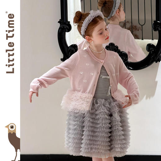 littletime甜美女童粉色珍珠蝴蝶结针织空调衫拼接网纱蛋糕摆开衫 商品图4