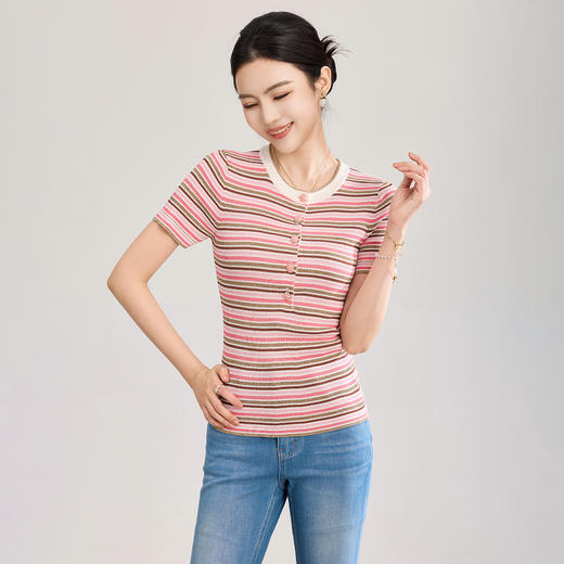 「高货wl」全新升级【铂金会员201/天猫269/差价68】(21214)洛诗琳曲珠纱嵌金线针织T恤女2026夏季新款条纹短袖上衣 商品图0