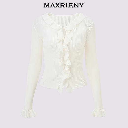 MAXRIENY米白色针织衫2026年春季新款V领套头毛衣修身荷叶边上衣(货号:MF80JA013) 商品图4
