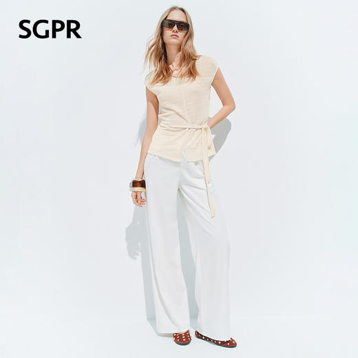 【SGPR】白色高支天丝棉直筒休闲裤2026年夏季新款不规则腰头裤子(货号:MU80TR010) 商品图1