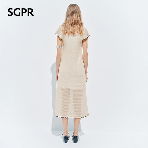 【SGPR】米白色手钩花连衣裙2026夏季新款中长款短袖V领撞色裙子(货号:MU80DR027) 商品图3