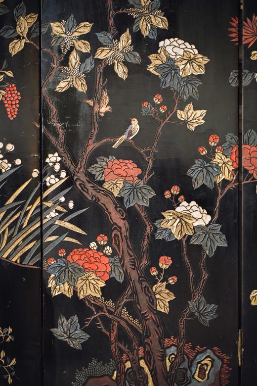 独角鹿西洋古董20世纪初期中国出品花鸟山水主题六曲款彩屏风 商品图11