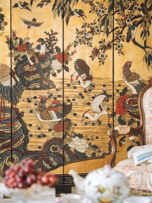 独角鹿西洋古董20世纪初期中国出品花鸟山水主题六曲款彩屏风 商品图2