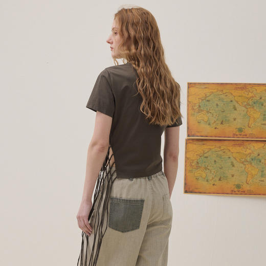 谜底编织绳T恤短袖2026年夏季新品贝壳珠子立体设计感女262MT0673 商品图2