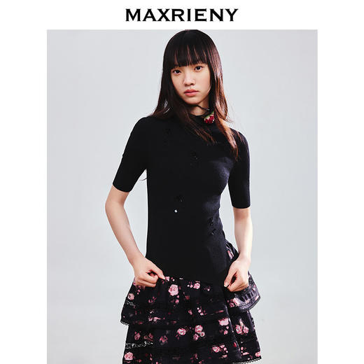 【商场同款-小雏菊系列】MAXRIENY复古简约针织衫黑色修身上衣女(货号:MC86SW025) 商品图0