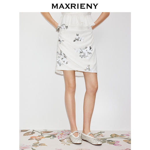 MAXRIENY立体刺绣半身裙2026年春季新款半裙修身收腰亮片白色裙子(货号:MF80SK005) 商品图1