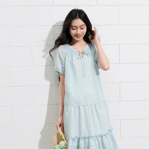 三彩2026夏季新款莫代尔连衣裙系带圆领短袖宽松A字裙中长裙S 商品图1