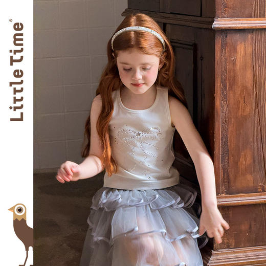 littletime甜美公主风白色星星背心网纱女童荷叶边拖尾半身裙套装 商品图1
