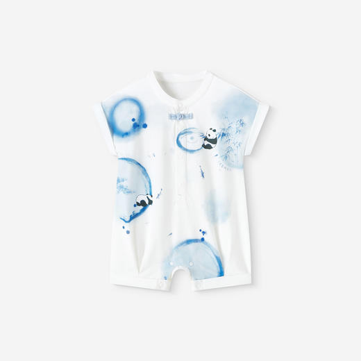 【100%精梳棉】英氏婴儿连身衣男宝短袖哈衣宝宝夏季纯棉连体衣熊猫水墨短哈新款 商品图4