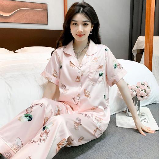 【冰凉透气！不起球】冰丝睡衣女夏高级感短袖长裤套装薄款开衫仿真丝可外穿大码家居服。xa 商品图1