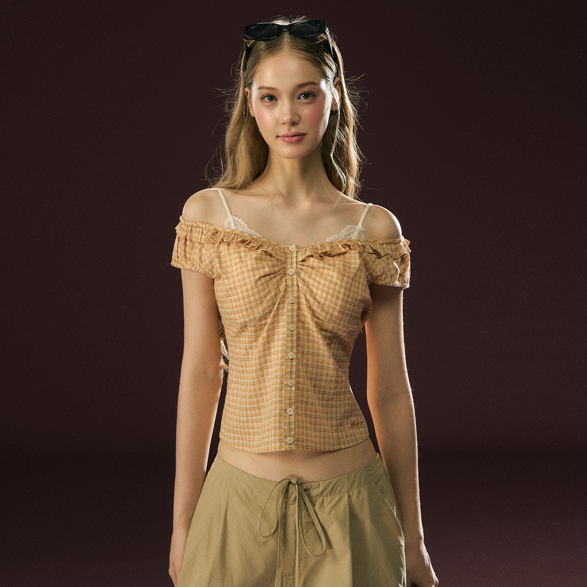 Ariseism 美式复古黄色格子小飞袖修身上衣女夏季新款小衫