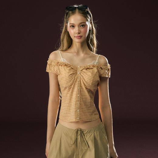 Ariseism 美式复古黄色格子小飞袖修身上衣女夏季新款小衫 商品图0